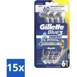 15 x Gillette - Blue 3 Comfort - Wegwerpmesjes - Precisie en comfort - 6 Scheermesjes - Comfortabele Scheerbeurt - Scheermesjes Met Verzorgende Strip - Scheermesjes Voor Gevoelige Huid
