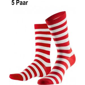 5x Paar sokken gestreept rood/wit 36-41 - Thema feest party disco