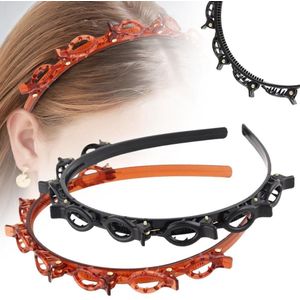 Set van 2 gevlochten hoofdbanden met clips - voor pony's en styling - Meerlaagse getande vlechttools voor vrouwen en meisjes (bruin + zwart)