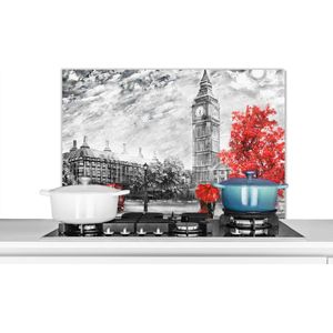 Spatscherm keuken 80x55 cm - Kookplaat achterwand Schilderij - Big Ben - Rood - Paraplu - Muurbeschermer - Spatwand fornuis - Hoogwaardig aluminium