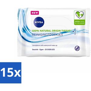 15 x NIVEA - Reinigingsdoekjes - Verfrissend - Verwijdert Waterbestendige Make-up - 25 Doekjes - Normale Huid - Gemengde Huid - Natuurlijke Ingrediënten - Duurzaam - Waterloos