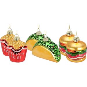 Christmas Decorations kersthangers - 6x - glas-hamburger/friet/sandwich