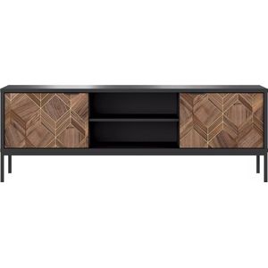 Vente-unique Tv-meubel met 2 lades en 2 nissen - Zwart en donker naturel - MIALINE L 160 cm x H 56 cm x D 39.6 cm