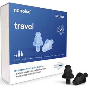 Nonoise Travel - Oordopjes vliegtuig - Oordoppen - 1 paar - Herbruikbaar - 1 size fits all - Inclusief opbergkoker + schoonmaakvloeistof - Uniek keramisch filter - 27.9 dB (SNR) - Zwart