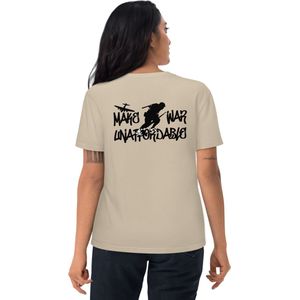 Bitcoin T-shirt - Make War Unaffordable - Rug Print - Unisex - 100% Biologisch Katoen - Kleur Woestijnstof - Maat S | Bitcoin cadeau| Crypto cadeau| Bitcoin T-shirt| Crypto T-shirt| Crypto Shirt| Bitcoin Shirt| Bitcoin Merch| Bitcoin Kleding