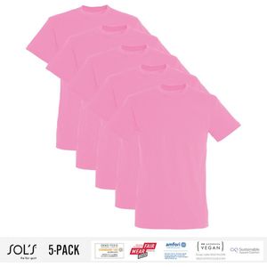 5 Pack Sol's Jongens/Meisjes T-Shirt 100% biologisch katoen Ronde hals Roze Maat 130/140 (9/10 Jaar)