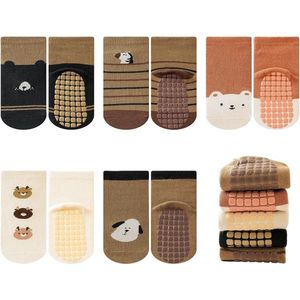 5-pack antislipsokken voor baby's en kinderen, pantoffels voor jongens en meisjes, schattige dieren van puur katoen, herfst-, lente- en wintersokken voor pasgeborenen, cadeau, geschikt voor kinderen van 1-3 jaar - Model D