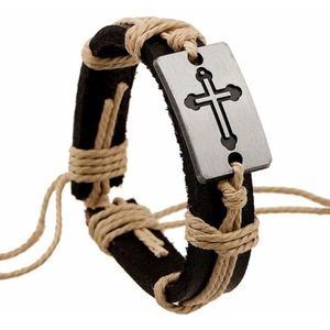 Fako Bijoux® - Leren Armband - Leder - Kruis - Wit
