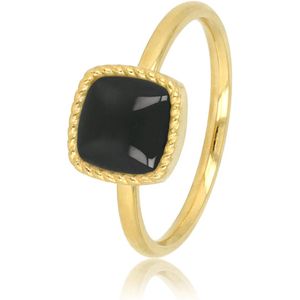 My Bendel Goudkleurige kleine zegelring met Onyx edelsteen - Opvallende goudkleurige zegelring met Onyx edelsteen - Met luxe cadeauverpakking