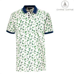Chris Cayne heren polo - maat M - kleur offwhite met groen - geprint - polokraag - jersey - herenmode - heren poloshirts met korte mouw - met borstzak