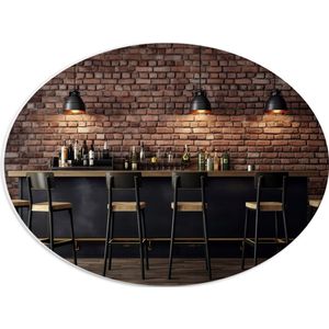 PVC Schuimplaat Ovaal - Bar - Flessen - Drank - Krukken - Lampen - Hout - Kleuren - 40x30 cm Foto op Ovaal (Met Ophangsysteem)