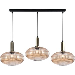 Olucia Charlois - Retro Hanglamp - 3L - Glas/Metaal - Amber;Goud - Rechthoek
