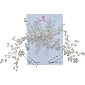 Haar in Stijl® Safa Serie - set van 3 - Haarkam en Zilver haarsteken met kristallen en parel kraaltjes | haarsteek haarschuifje - haarversiering bruid - haaraccessoires haarsieraad sieraad - bruiloft feest verloving