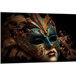 PVC Schuimplaat- Venetiaanse carnavals Masker met Blauwe en Gouden Details tegen Zwarte Achtergrond - 120x80 cm Foto op PVC Schuimplaat