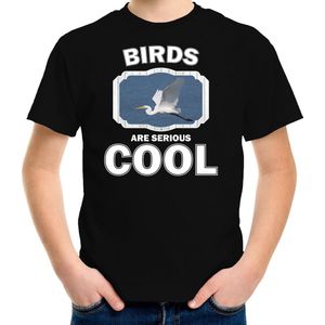 Dieren vogels t-shirt zwart kinderen - birds are serious cool shirt  jongens/ meisjes - cadeau shirt grote zilverreiger/ vogels liefhebber - kinderkleding / kleding 146/152