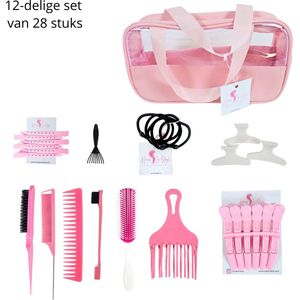 Haar in Stijl® | 28-delig Roze Toilettas met Haartools | Kammen, Borstels en Haarklemmen | Haaraccessoires | Vlinderclip Schoonmaakborstel Afro Kam Metalen Clips Styling Define Brush Elastiekjes | Cadeauset Kadoset Cadeau voor dames