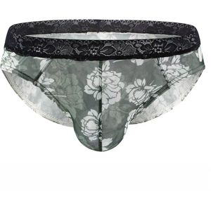 Heren Slip Doorzichtig met Bloemen - Mesh Slip Gebloemd Groen & Wit - Sexy Transparant Design - Mannen Onderbroek - Lingerie Voor Mannen - Ondergoed Maat XXL / 2XL
