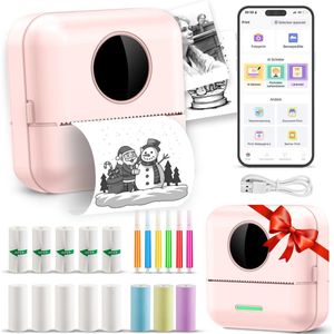 Ilona Mini printer voor mobiel - Pocket printer - Premium Mini Fotoprinter - Draagbare Smartphone Printer - Mobiele fotoprinter - Sticker printer - Roze - Incl. 5 Rollen Zelfklevend Papier + 5 Rol Wit Papier + 3 Rollen Gekleurd Papier + 5 Pennen