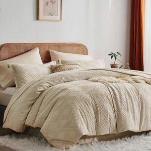 beddengoed, 135 x 200 cm, 4-delig, kaki-beige, beddengoedset met borduurwerk, geometrische chic, gewassen microvezel, omkeerbaar beddengoed, 1 dekbedovertrek met ritssluiting, 1