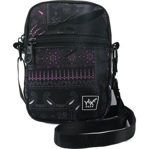 YLX Juss Crossbody Bag. Black geo paisley. Zwart, paars.Recycled Rpet materiaal. Eco-friendly. Telefoontas. Dames, heren, jongens, meisjes, vrouwen, mannen, middelbare scholieren, tieners