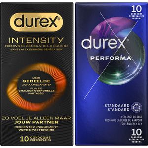 Durex - 20 stuks Condooms - Intensity 10st Nieuwste generatie ultradun, gedeelde lichaamswarmte - Performa 10 st vertragende effect - Voordeelverpakking