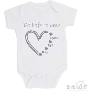 100% katoenen Romper "De liefste oma met de namen van 3 kleinkinderen" Unisex Katoen Wit/grijs Maat 56/62