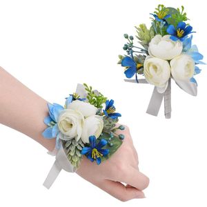 2 stuks polskorsetbloem kunstmatige bruiloft corsage en boutonniere set voor bruidsmeisjes party prom decoraties wit en blauw