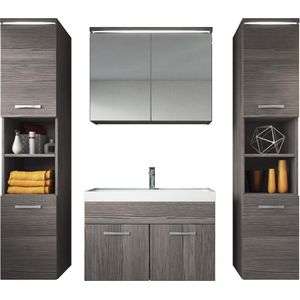 Badplaats Badkamermeubel Set Paso XL 80 x 40 cm - Grijs Eiken - Badmeubel met spiegelkast en zijkasten