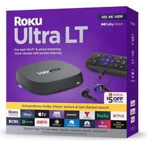 Roku Ultra LT (2023) HD/4K/HDR Dolby Vision Quad-Core streaming-speler met HDMI-kabel, hoofdtelefoon, spraakafstandsbediening met privé luisteren, Ethernet