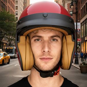 HSWHEEL Jethelm met UV-beschermend Vizier | Wasbaar & Verstelbaar | Scooterhelm & Motorhelm & Brommerhelm | Voor Heren & Dames | ECE 22.06 Goedgekeurd | Vintage Stijl | Robijnrood –M