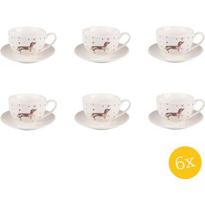 Clayre & Eef Kop en schotel set van 6 stuks schotel 200 ml Beige Bruin Porselein Rond Teckel Servies