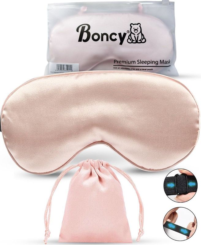 Boncy® Verstelbaar Zijde Slaapmasker met Opbergzakje - Roze Oogmasker - Slaapmaskers Vrouwen en Mannen Zijde