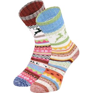 2 Paar Gebreide Wollen Sokken met Kleurrijk Patroon - Huissokken / Mix-1 / 35-38