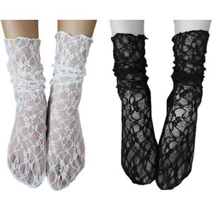 Allecto plus - Set van 2 paar kanten sokken met mesh design voor dames, zwart en wit