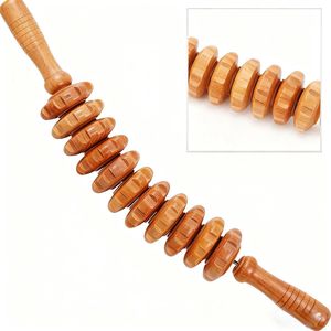 Houten Fascia Roller Voor Spiermassage – Beukenhout Met Handvat – Anti-Cellulitis Massage – 12 Massage Ringen – 42 Cm – 1 Stuk – Natuurlijke Houtkleur