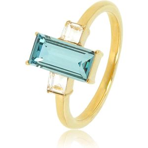 My Bendel Ring goudkleurig met grote blauwe steen en kleine zirkonia - Mooie goudkleurige ring met blauwe steen en 2 zirkonia stenen - Met luxe cadeauverpakking