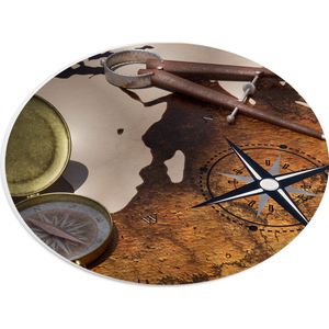 PVC Schuimplaat Ovaal - Kompas op Wereldkaart - 28x21 cm Foto op Ovaal (Met Ophangsysteem)