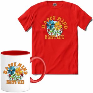Flower Power - Happy Mind Happy Life - Vintage Aesthetic - T-Shirt met mok - Meisjes - Rood - Maat 12 jaar