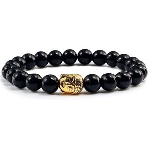 Armband – kralenarmband – kralen dikte 6 mm – handgemaakt – met gouden Buddha bedel – Boho Style – 20 cm – Feel Good Store – Zwart | Goud