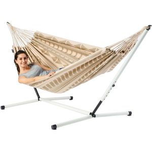 Luilak 2 persoons hangmat hangmat met metalen standaard - 100% Katoen - 350x160cm - 160kg draagkracht - binnen & buiten - Bruin, Ecru