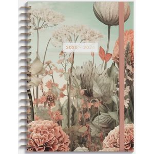 A4 Gezinsplanner 2025-2026 - Veldbloemen - Harde Cover - Koperkleurige Ringband
