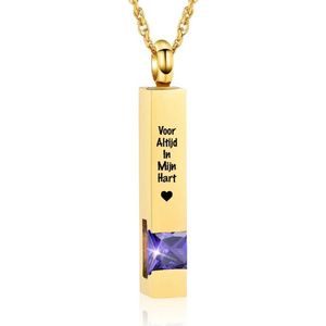 Luxe Ashanger | Met Ketting En Gravering | Voor Altijd In Mijn Hart | Assieraad | Goudkleurig Met Paarse Steen | As Ketting | Gedenksieraad | Urn | Incl. As vuller