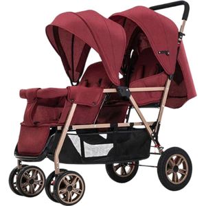 Rustive Tweeling Buggy - Duo Kinderwagen - Geschikt Voor Kinderen Van 0 t/m 3 Jaar - Opvouwbaar - Rood / Goud - 72x42x97cm