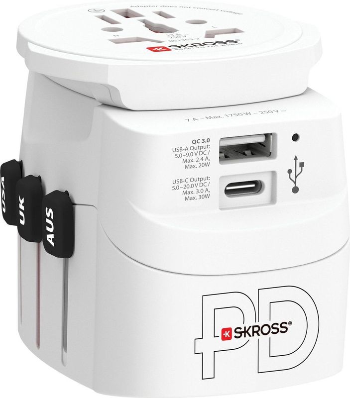 Skross - Wereldreisadapter Pro Light met grondstekkers (geen Zwitserse en Italiaanse) + 1 USB + 1 Type-C aansluiting