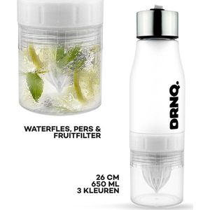 DRNQ. Drinkfles Fruitfilter waterfles met Sap Recepten - 650ml - Vaatwasser bestendig - Frost White