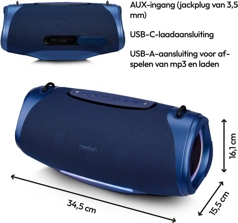 MEDION P61762 draagbare Bluetooth luidspreker (oplaadbare batterij, bass boost, RGB lichteffecten, IPX7 waterbescherming & robuust, geïntegreerde powerbank, 2x 25 W RMS) Blauw