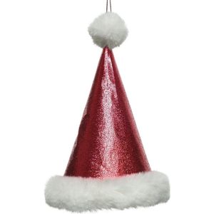 Decoris Kersthanger kerstmuts - rood glitters - 17 cm - kerstornamenten