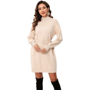 Gebreide Jurk Dames Lange Mouwen Coltrui Jurk Elegante Trui Tuniek Jurk Met Riem Abrikoos L