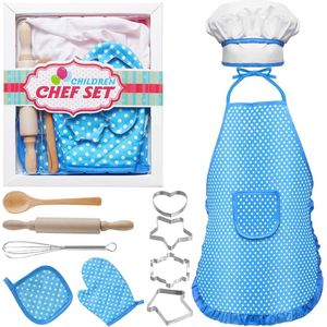 kinder kookgerei blauw/keukenset/keuken set/schortenset/kinderschort/kokset/apron set kids,children, 11-delige, kokskostuumset, inclusief kinderschort rollenspel kookspeelgoedd