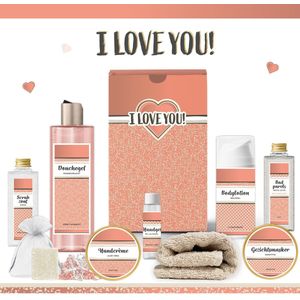 Geschenkset “I love you!” - 9 producten - 720 gram | Giftset voor haar - Luxe wellness cadeaubox - Cadeau vrouw - Set Valentijnsdag - Geschenk Ik hou van jou - Cadeaupakket Kerst - Speciaal voor jou - Gift Valentijn - Liefs Vriendin - Moeder - Roze